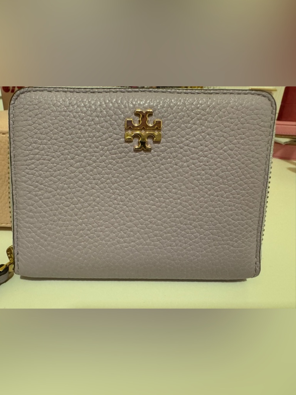 Tory Burch Pebbled Leather Wallet in Lilac with Gold Logo